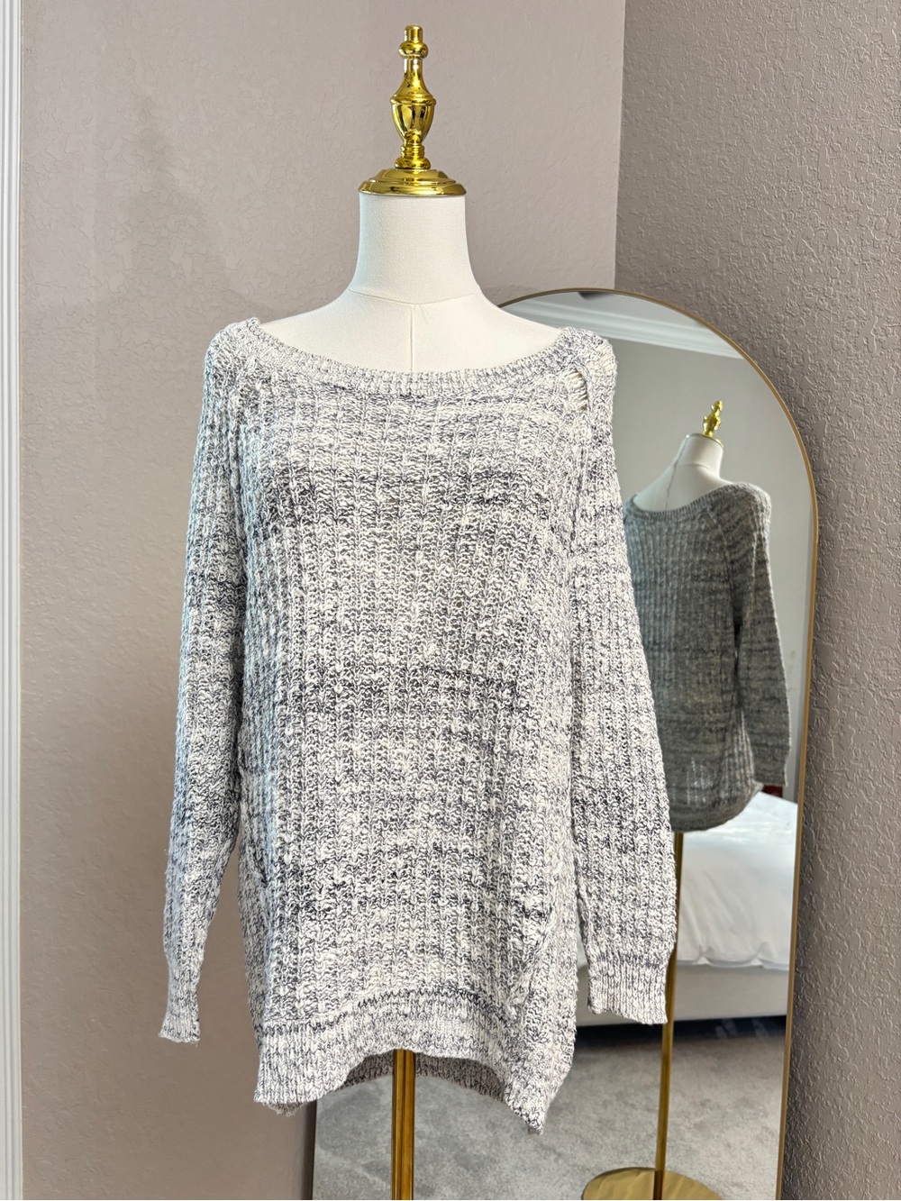 Free People Marled Light Gray Off-the-Shoulder Knit Sweater, S